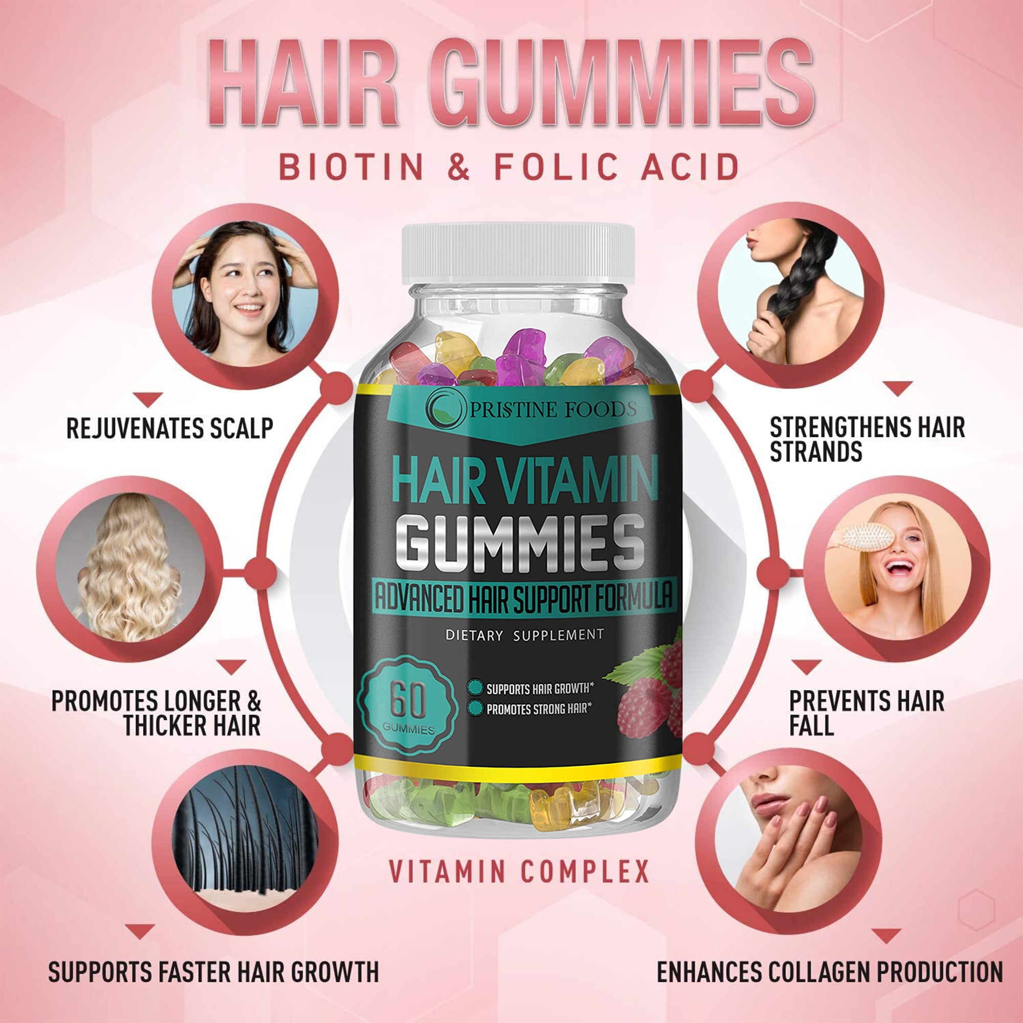 Hair Vitamins Gummies - Advanced Hair Growth Formula with Biotin 5000mcg, Folic Acid & More - 60 Vegetarian Gummy