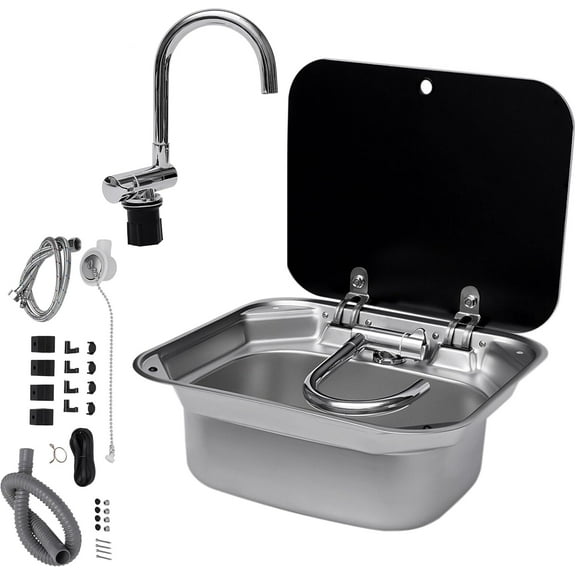 RV Bar Kitchen Sink Stainless Steel Caravan Camper Hand Wash Basin with Faucet Wash Basin Bar Kitchen RV Caravan Camper Van Boat Outdoor Trailer with Cover and B Tap