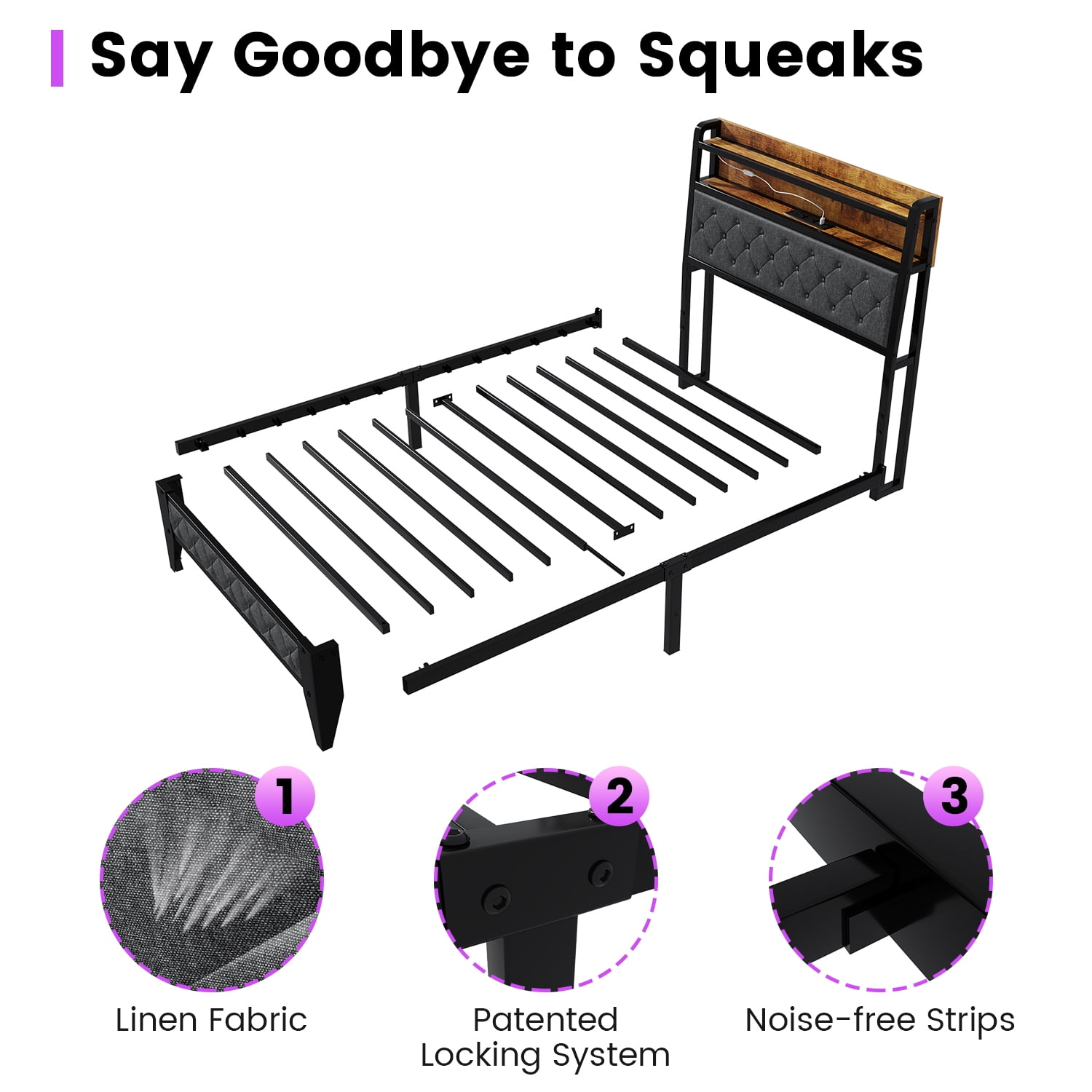 Meteorleg Twin Size Bed Frame with Storage Headboard & Charging Station,Platform Metal Bed Frame with RGB Lights,Grey