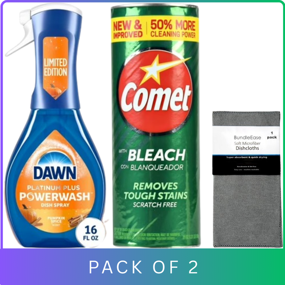 Dawn Powerwash Dish Soap Spray, Pumpkin Spice Dishwashing Liquid Starter Kit, 16 fl oz & Comet Multipurpose Cleaning Powder with Bleach, 21 oz with Microfiber Solid Color Towel by BundleEase
