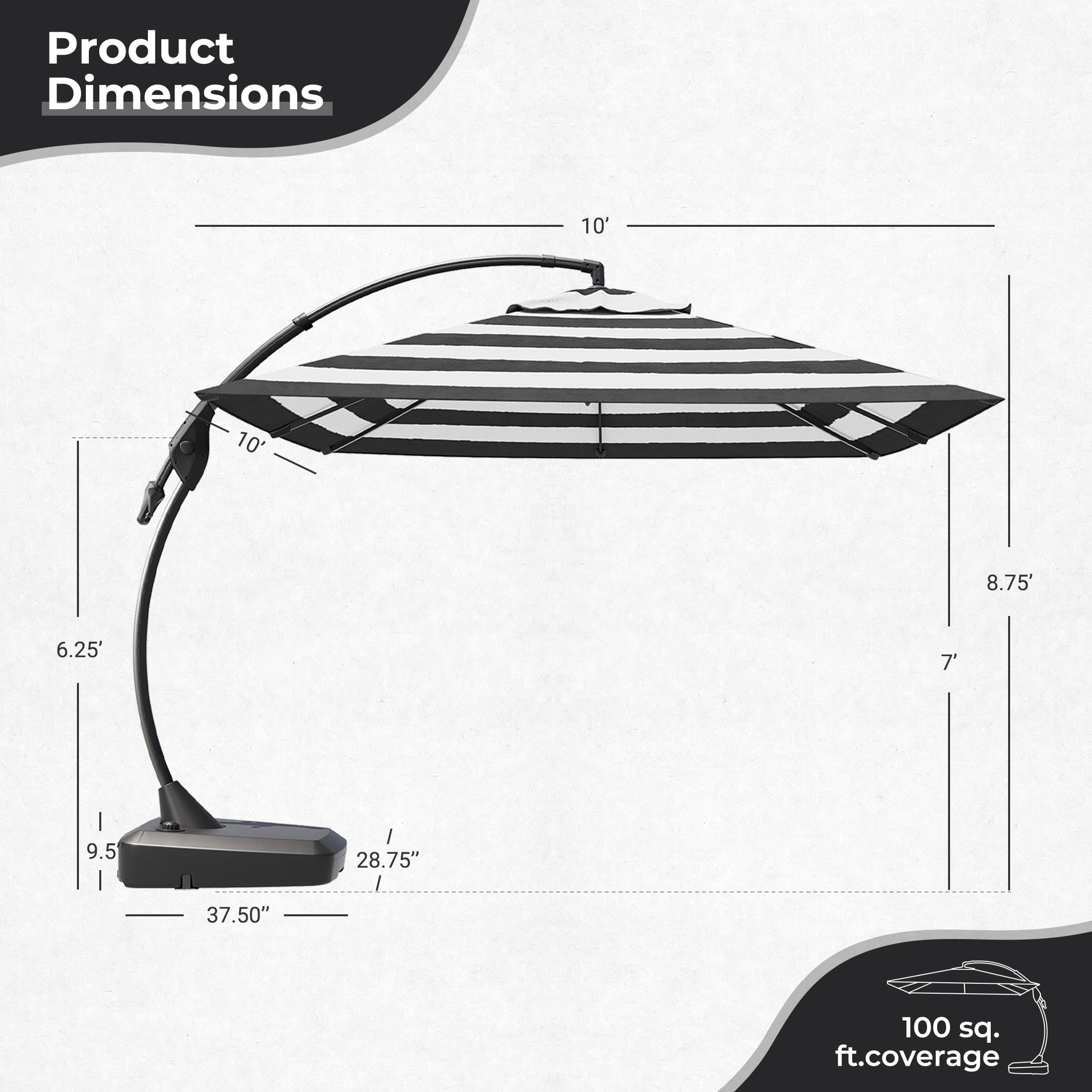 EVERITE 10x10FT Offset Umbrella - Patio Garden Use，Black and White Stripes