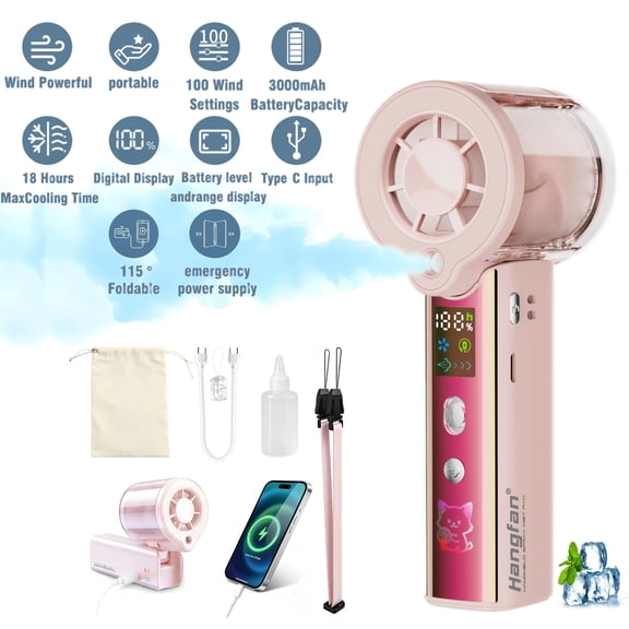 Portable handheld spray fan, 30000 RPM adjustable high-speed turbine personal fan, 3000mAh USB rechargeable mini spray fan, with LED lights, suitable for office/travel/shopping/concert-Pink