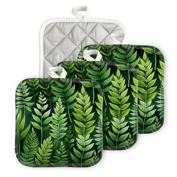 BaHomeck Pot Holders 4pcs dacron Made Square heat-resisting mat Machine Washable for Kitchen Oven Hot Pads 6.7inch*6.7inch,Light Green Fern Leaves On Dark Emerald Background