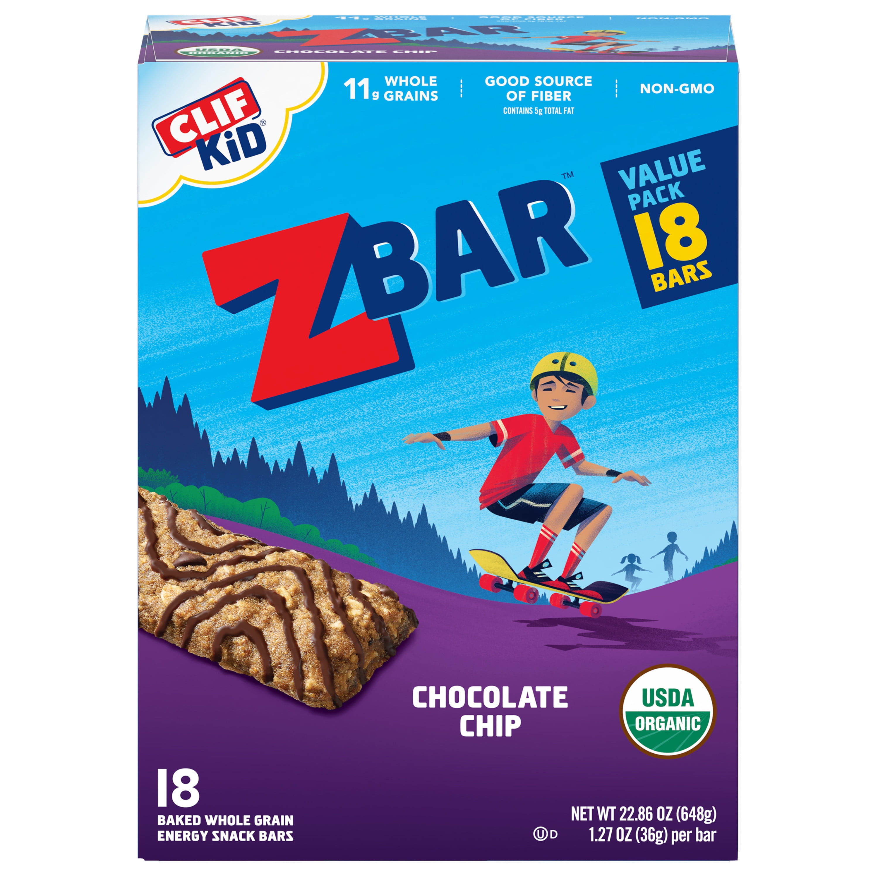 CLIF Kid Zbar Organic Granola Bars, Kids Snacks, Chocolate Chip, 18 Ct, 1.27 oz