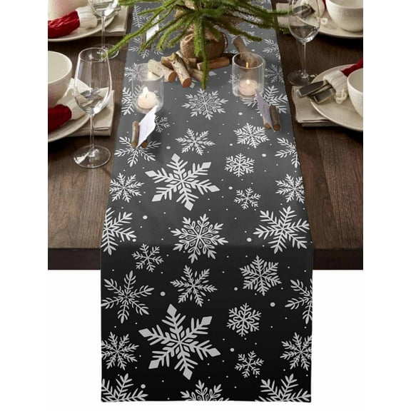 Christmas Table Runner White Snowflake Table Runners Black Winter Snow Cotton Linen Dresser Scarf Kitchen Dining Table Decor for Christmas Holiday Party Decor 13x36 Inch