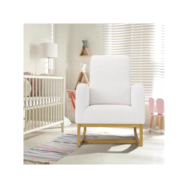 Ourlova Upholstered Glider Rocking Chair High Back Nursery Chair with Side Pocket Wood Legs 300lbs Capacity Modern Rocker for Breastfeeding Storytime White