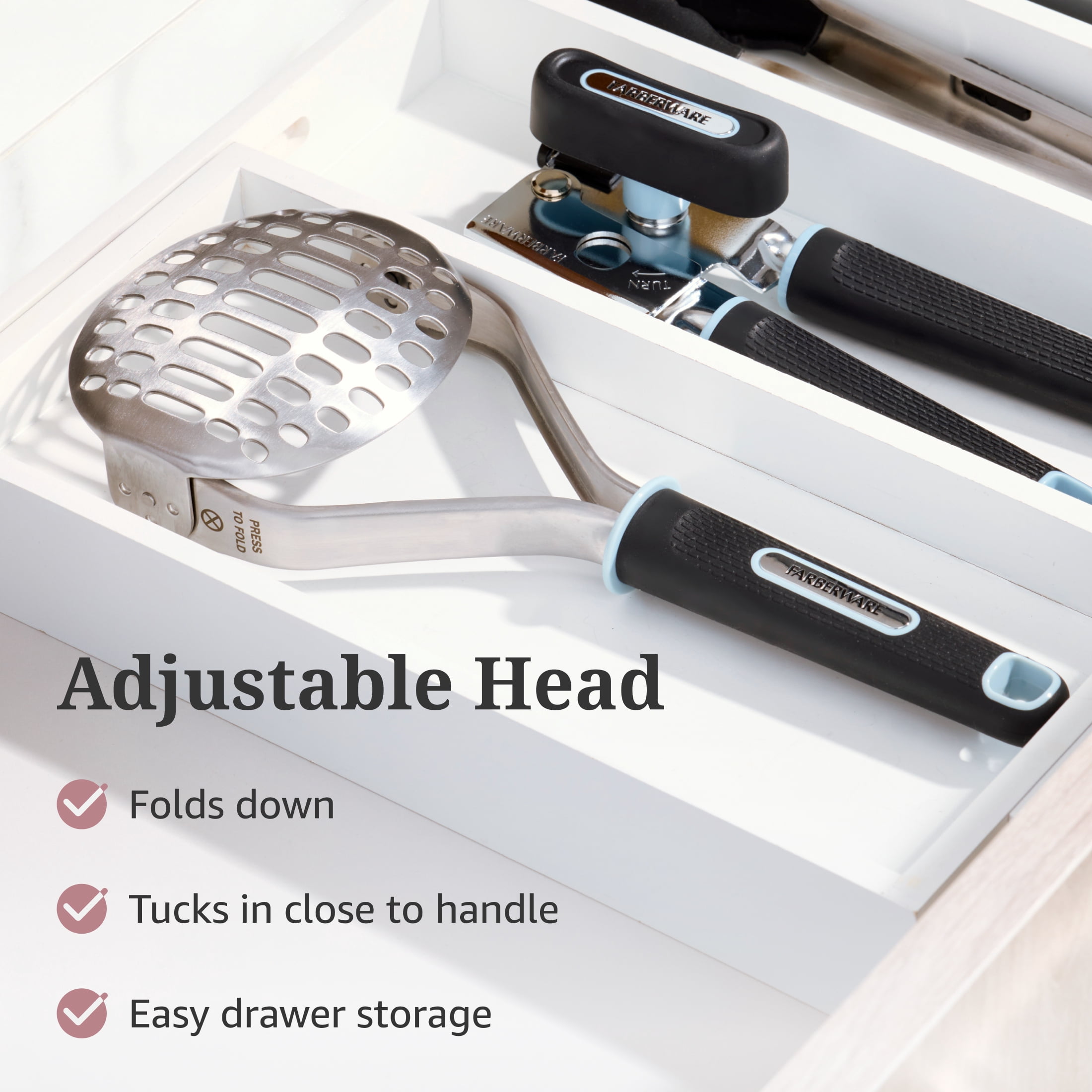 Farberware Soft Grips Space-Saving Folding Stainless Steel Potato/Food Masher Black