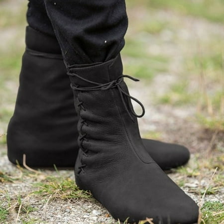 

Tejiojio Men s Winter Boots Flat Feet Heel Leather Strap Warm Lace Up Vintage Mid Boot Rider