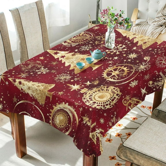 BZSMCE Square Tablecloth Gold Christmas Trees Pattern Tableclothes