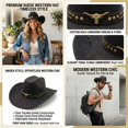 thumbnail image 5 of RUINIXCW Western Cowboy Hat for Men Women Cowgirl Hat Felt Wide Brim Fedora Hat with Bull Head Belt Floral Embroidery Roll Up Jazz Hat Themed Party Cap Wedding Festival Costume, 5 of 9