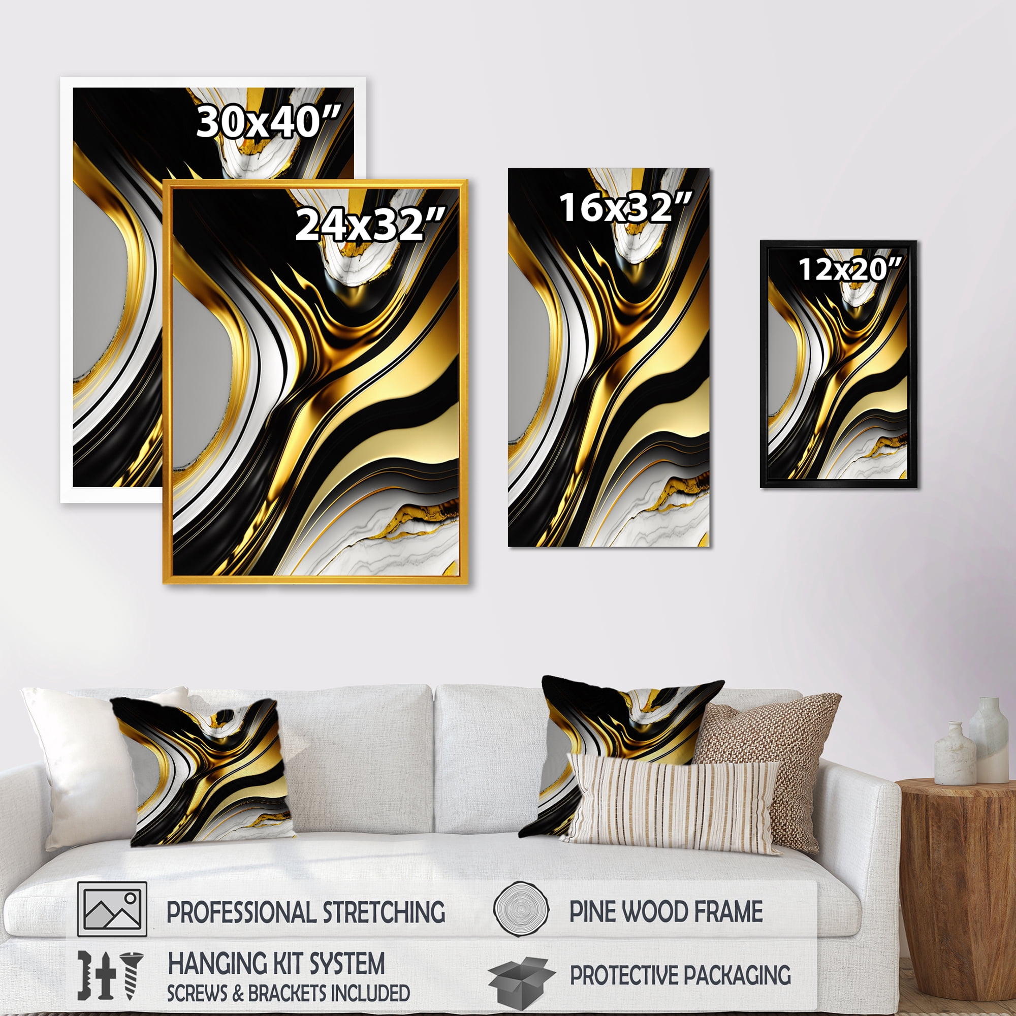 Designart Abstract Geode Marble Waves Gold II Canvas Wall Art
