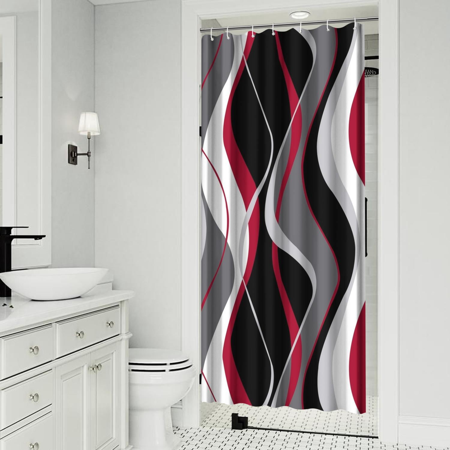 Black and Red Shower Curtain, Abstract Modern Grey and Red Bathroom Decor Accessories Funny Shower Curtain Set with Hooks, 36x72