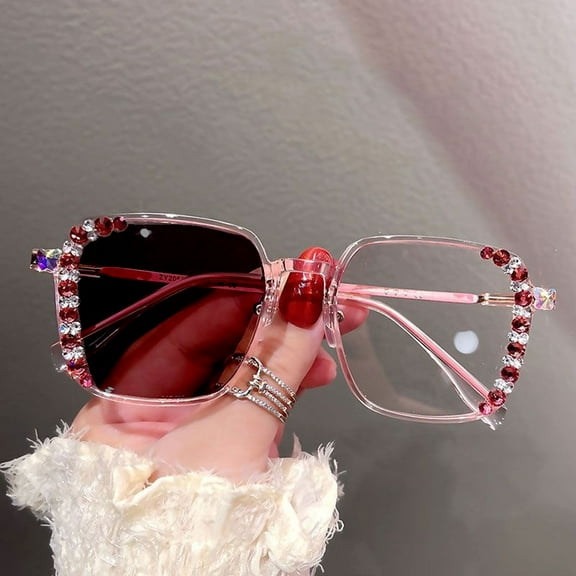 Photochromic Brown Blue Light Blocking Presbyopic Glasses, Oversized Bling Party Reading Glasses for Women, Brown Square Eyeglasses Frame