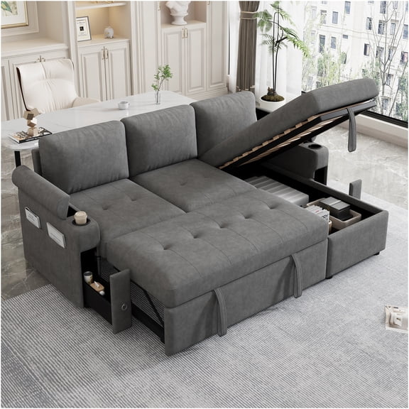 JERFIT Modern L-Shaped Convertible Sofa Bed with Storage, Reversible Chaise, USB Charging, Cup Holders for Living Room, Gray Chenille