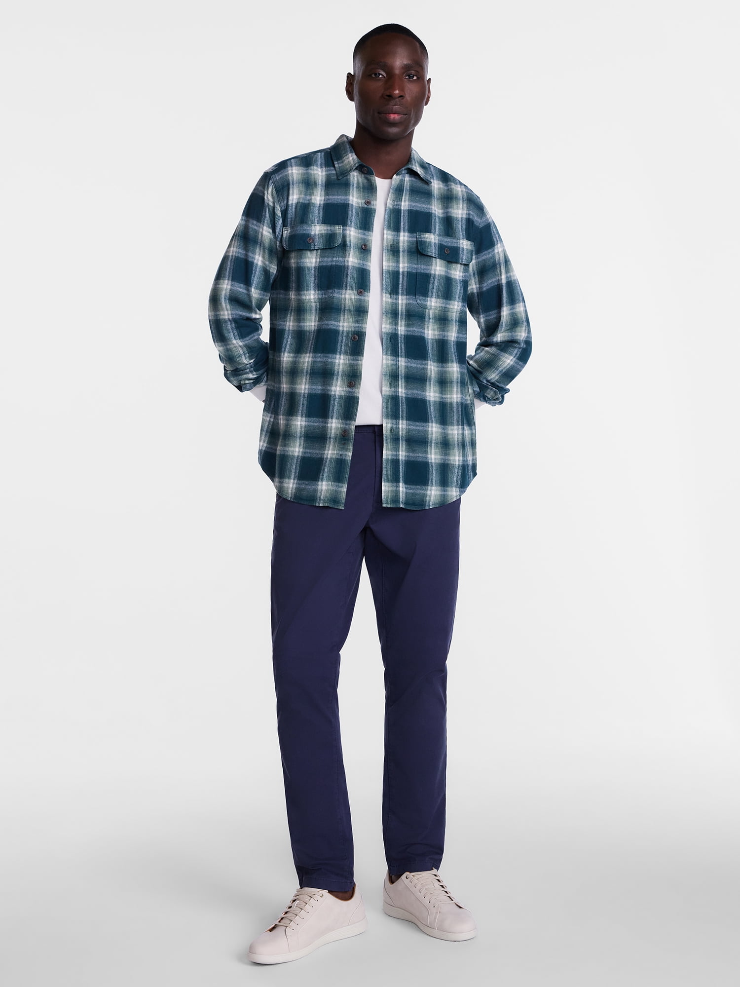 George Men's and Big Men's 100% Cotton Double Pocket Flannel Shirt, Sizes XS-3XLT