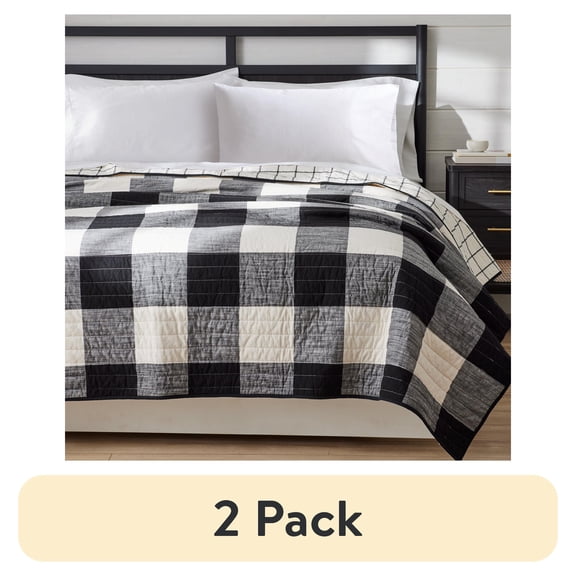 (2 pack) Better Homes & Gardens Buffalo Plaid Cotton Quilt, King, Black & White Bedding