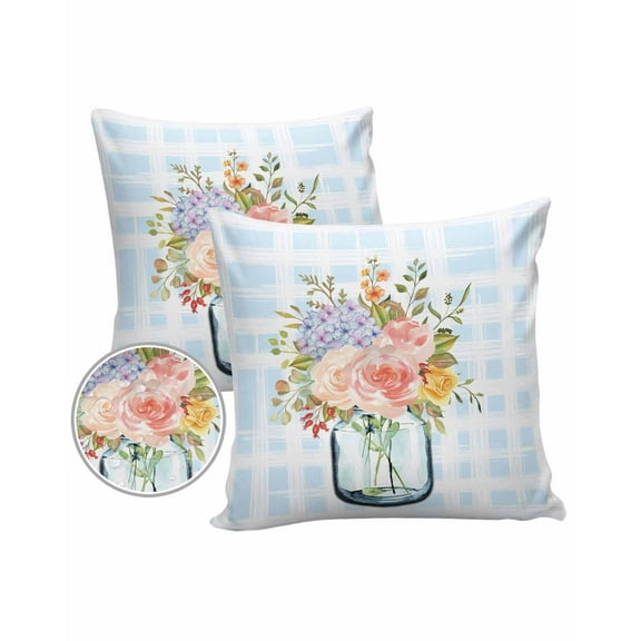 Pack of 2 Outdoor Pillow Covers, Blue Plaid Rose Flower Printing Waterproof Square Throw Pillowcase Cushion Decorative Pillow Covers for Couch Patio Tent, 24x24 in