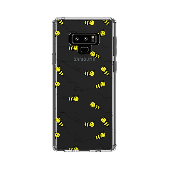 DistinctInk Clear Shockproof Hybrid Case for Samsung Galaxy Note 9 - TPU Bumper, Acrylic Back, Tempered Glass Screen Protector - Repeating Bumble bees
