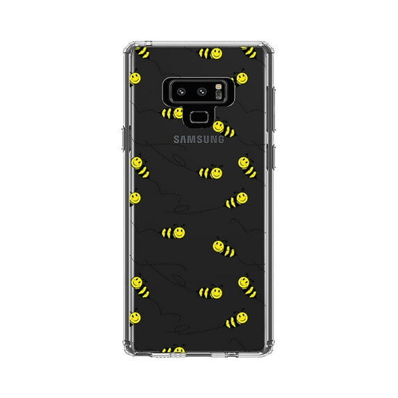 DistinctInk Clear Shockproof Hybrid Case for Samsung Galaxy Note 9 - TPU Bumper, Acrylic Back, Tempered Glass Screen Protector - Repeating Bumble bees