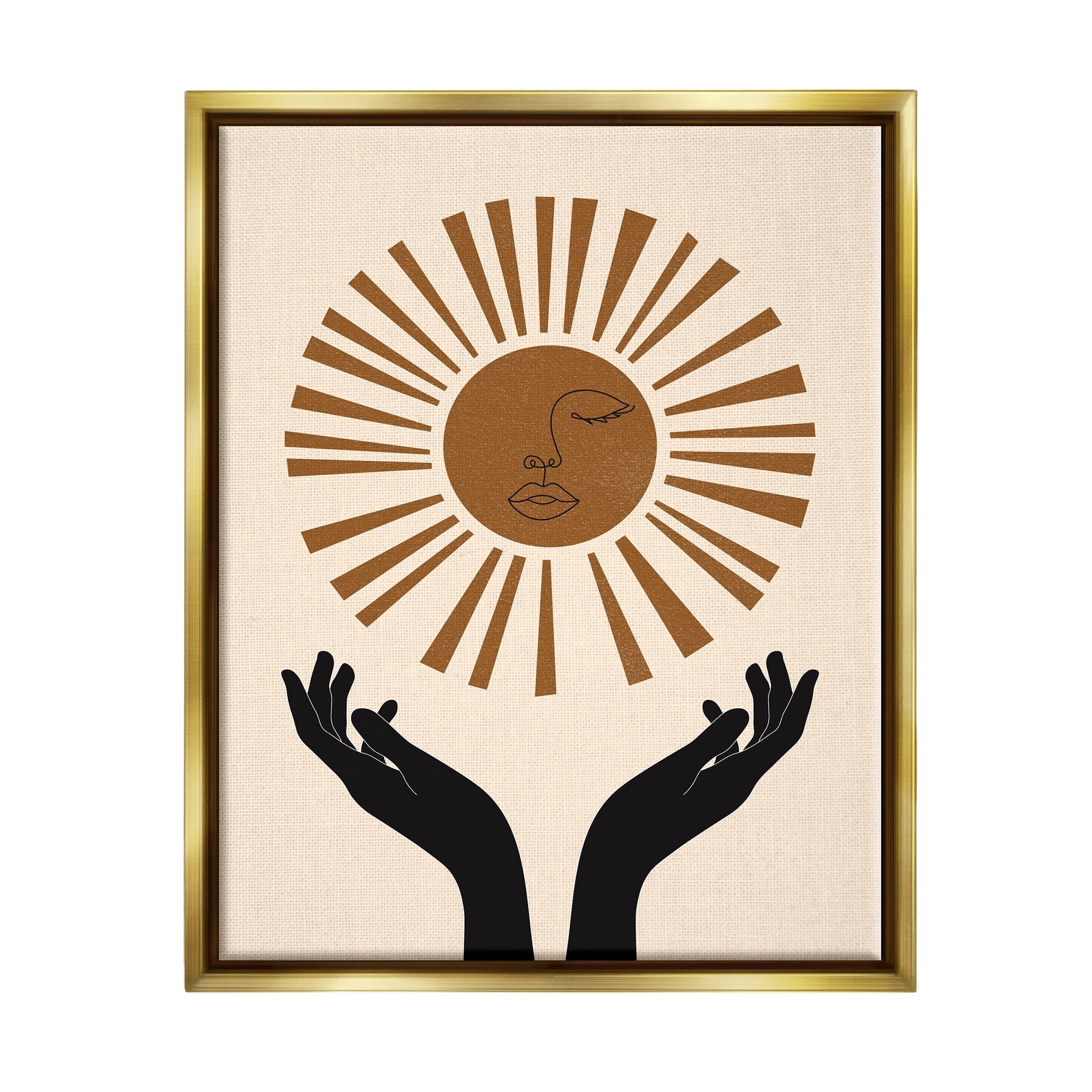 Stupell Industries Hands Holding Desert Sun with Face Linework Metallic Gold Framed Floating Canvas Wall Art, 24x30, by JJ Design House LLC