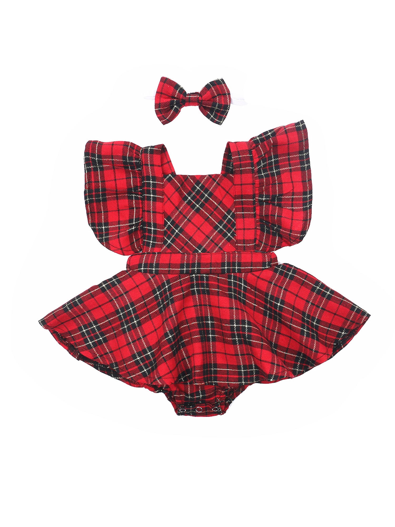 Calsunbaby Baby Girl Plaid Skirted Romper Jumpsuit Headband Xmas Outfit