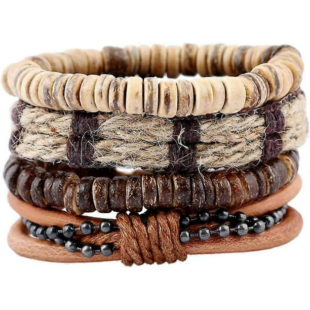 Leather Bracelet Set for Men Women, Multilayer Hemp Cords Tribal Braided Design, Ethnic Wood Beads Wrap Wristbands, 4 Pack, 6.5-8.5 Inches