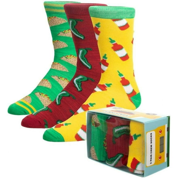 Taco Theme Mens' Tacos Jalapenos Hot Sauce 3 Pair Crew Box Set