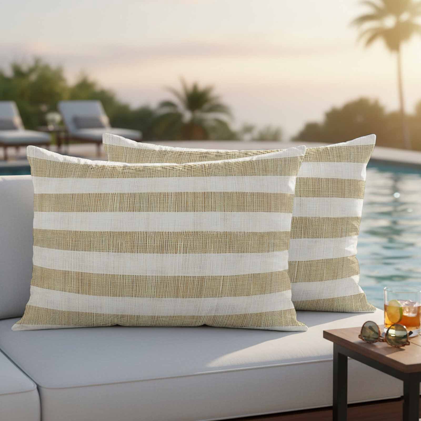 Cream Striped Outdoor Waterproof Pillow Covers, Farmhouse Vintage Brown Stripes Decorative Rectangle Throw Pillowcase Sofa Cushion Sham for Patio/Couch/Chair, 20"x12" 2 Pack