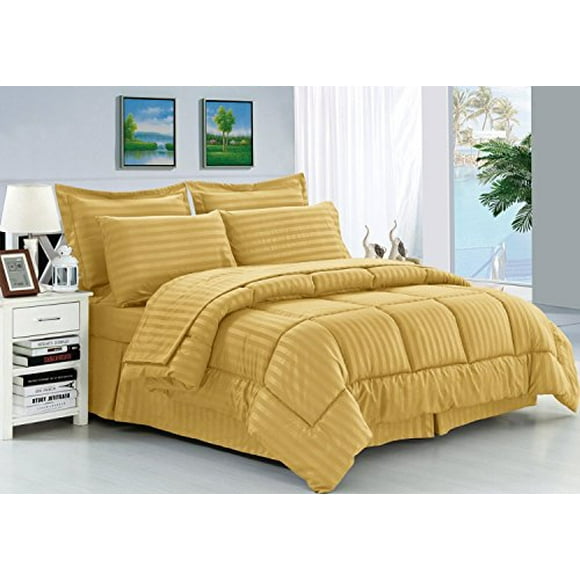Elegant Comfort Wrinkle Resistant - Silky Soft Dobby Stripe Bed-in-a-Bag 8-Piece Comforter Set -Hypoallergenic - Full/Queen, Gold