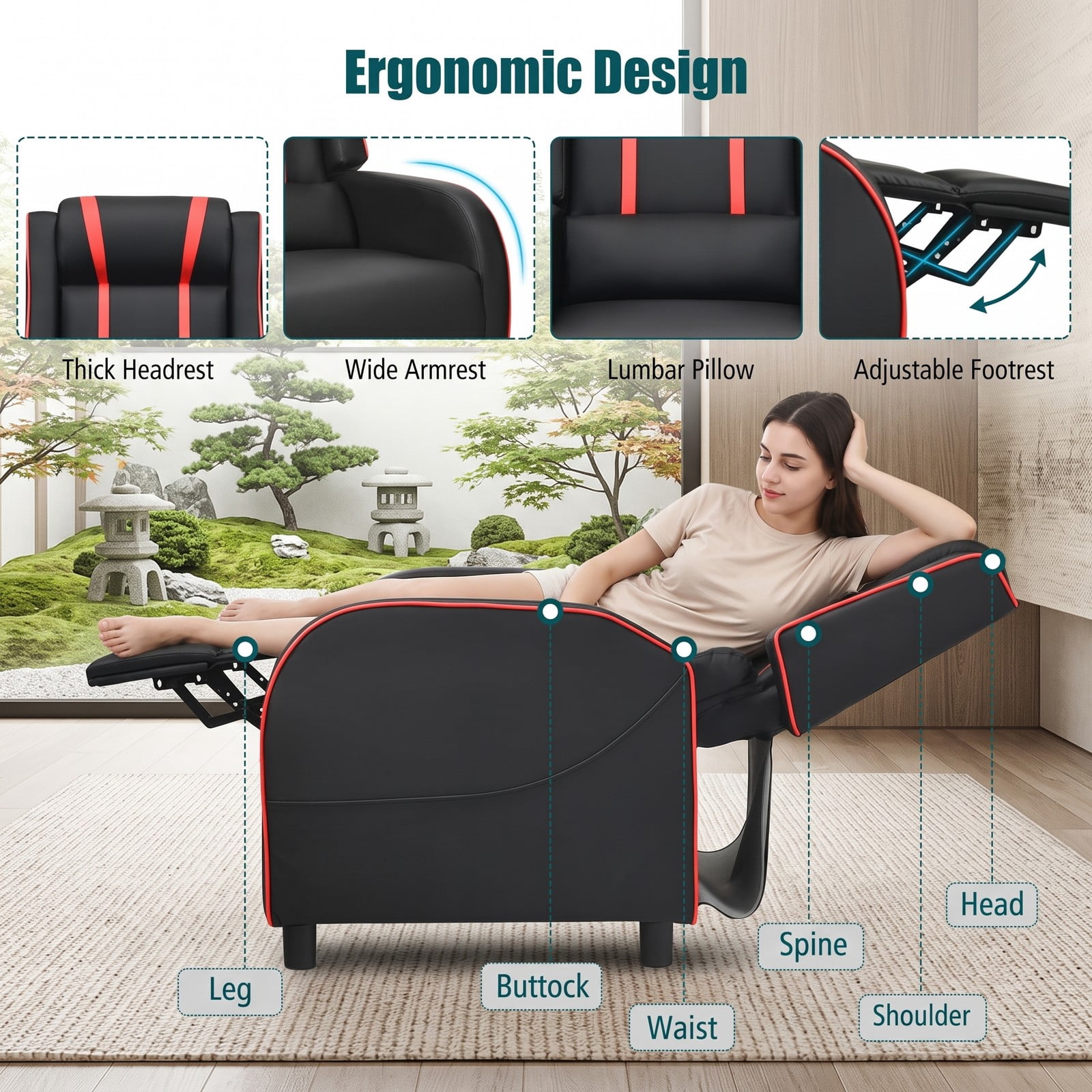 Furnibear Massage Gaming Recliner Chair, Ergonomic PU Leather Racing Style Reclining Sofa with Footrest, Lumbar Massage, Headrest Pillow and Remote for Home, Red
