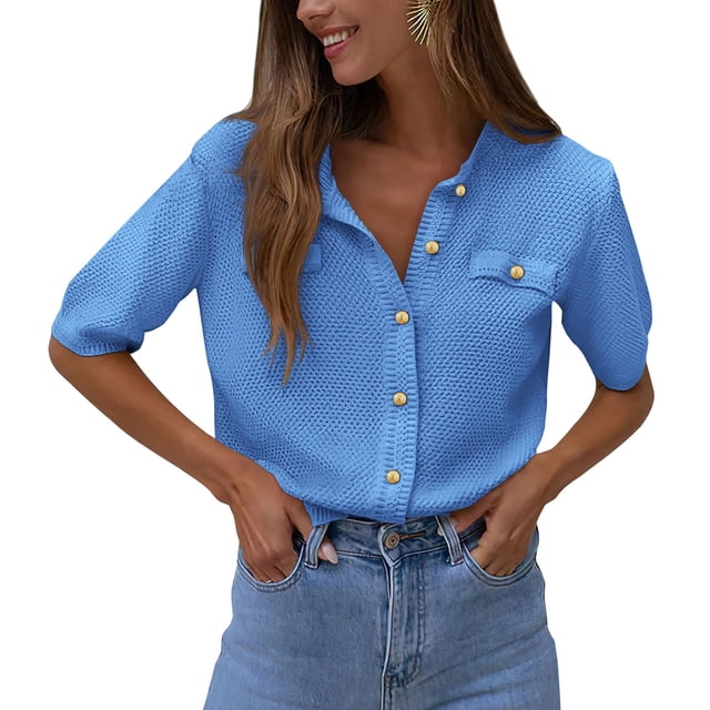 Suéter PRETTYGARDEN de punto acanalado con botones azul XL