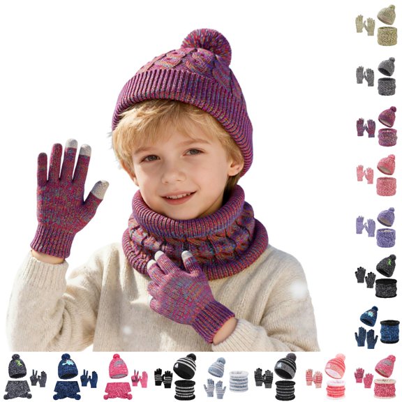 UJNDER Kids' Hat Scarf Gloves Set Winter Knit Hat Scarf and Gloves with Cartoon Car Striped Pattern Soft Warm Three Piece Ensemble for Boys and Girls