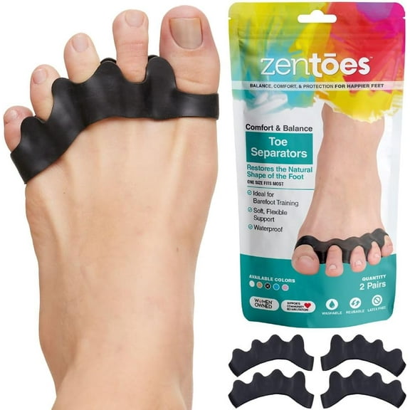 ZenToes Silicone Toe Separator Spacers for Correct Toe Alignment, Bunion and Hammer toe Straighteners, Black - 2 Pairs