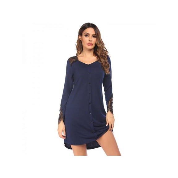 Women Sleepwear Lace Comfy Sleep Gowns Pleated V Neck Nightshirt S-2XL