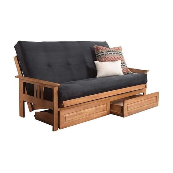 French Country Full Futon Frame Set with Mattress and Storage Drawers, Classic Foldable Hardwood Frame, Easily Converts To Bed