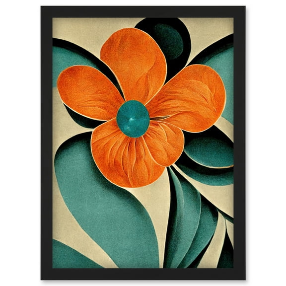 Bold Art Deco Flowers Teal Orange Cream Poppy Artwork Framed Wall Art Print A4