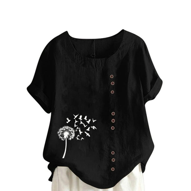 Vestidos Casuales Para Mujer, Blusas De Mujer De Moda Blusa informal de lino con botones y manga corta estampada para mujer