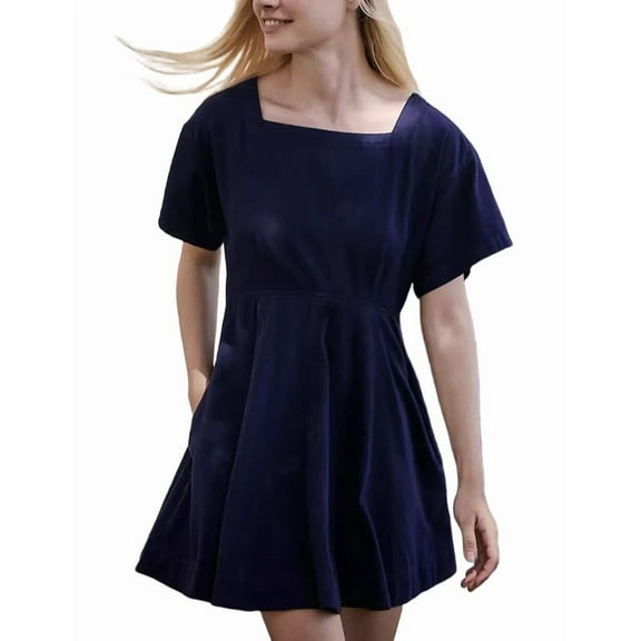 Women Puff Sleeve Square Neck Tie in Back Dresses with Zipper Navy Blue S