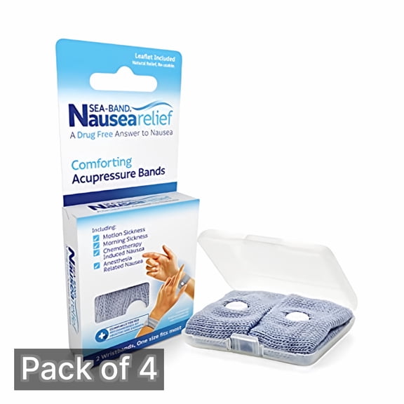 Sea-Band Acupressure Wrist Bands for Nausea Relief, Drug Free Motion and Morning Sickness Relief, Reusable Washable, 1 Pair (Pack of 4)