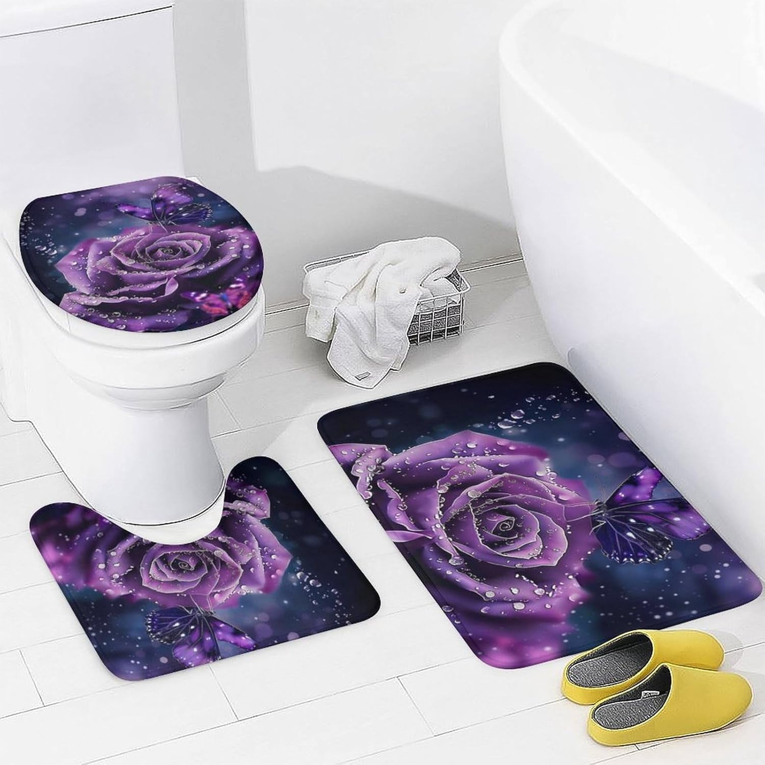 Purple Rose Butterfly 4 Pcs Bathroom Shower Curtain Set,Bathroom Sets with Rugs (Bath Mat,U Shape and Toilet Lid Cover Mat), Bathroom Decor Set