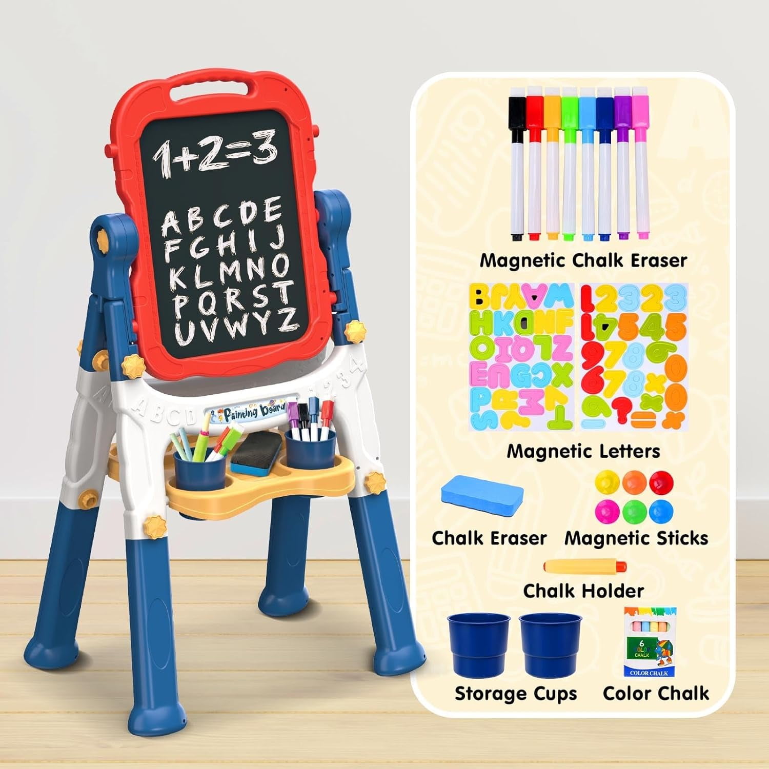 AuntyFey Art Easel for Kids, Adjustable Double-Sided with Chalk Board & Magnetic Whiteboard for Toddlers, Blue & Red