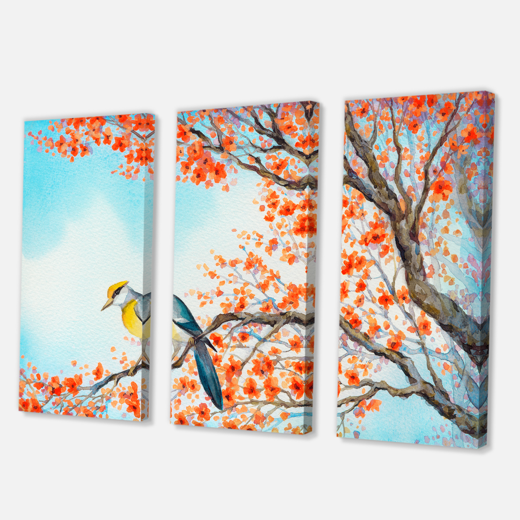 Designart ' Beautiful Orange Bird Sitting On Flowering Branch ' Traditional Canvas Wall Art Print