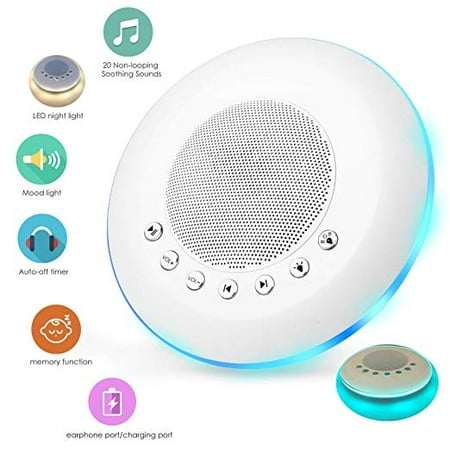 White Noise Sound Machine for Sleeping, 20 Non-Looping Soothing Sounds Lullaby Colorful Night Light Timing Baby Therapy Sound Machine, Auto-Off Timer Battery or USB Output Charger