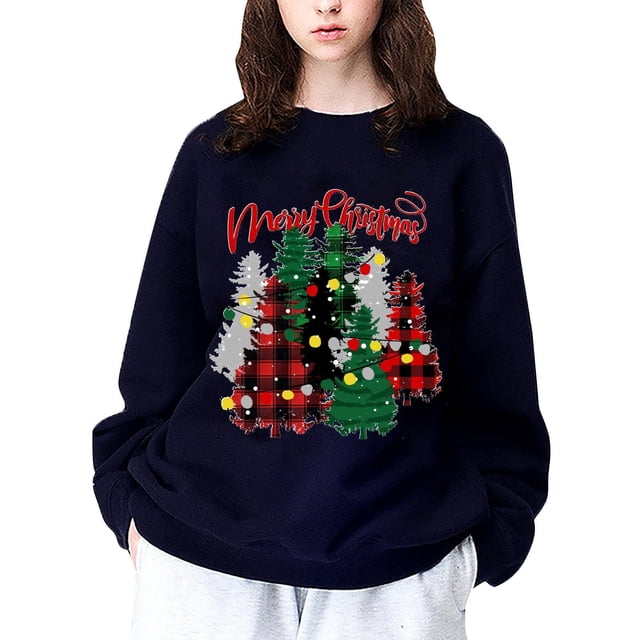 Gibobby Túnica de moda Suéter informal a cuadros con estampado de árbol de Navidad y bombilla para mujer, moderno y festivo, perfecto para Navidad (Azul, L)