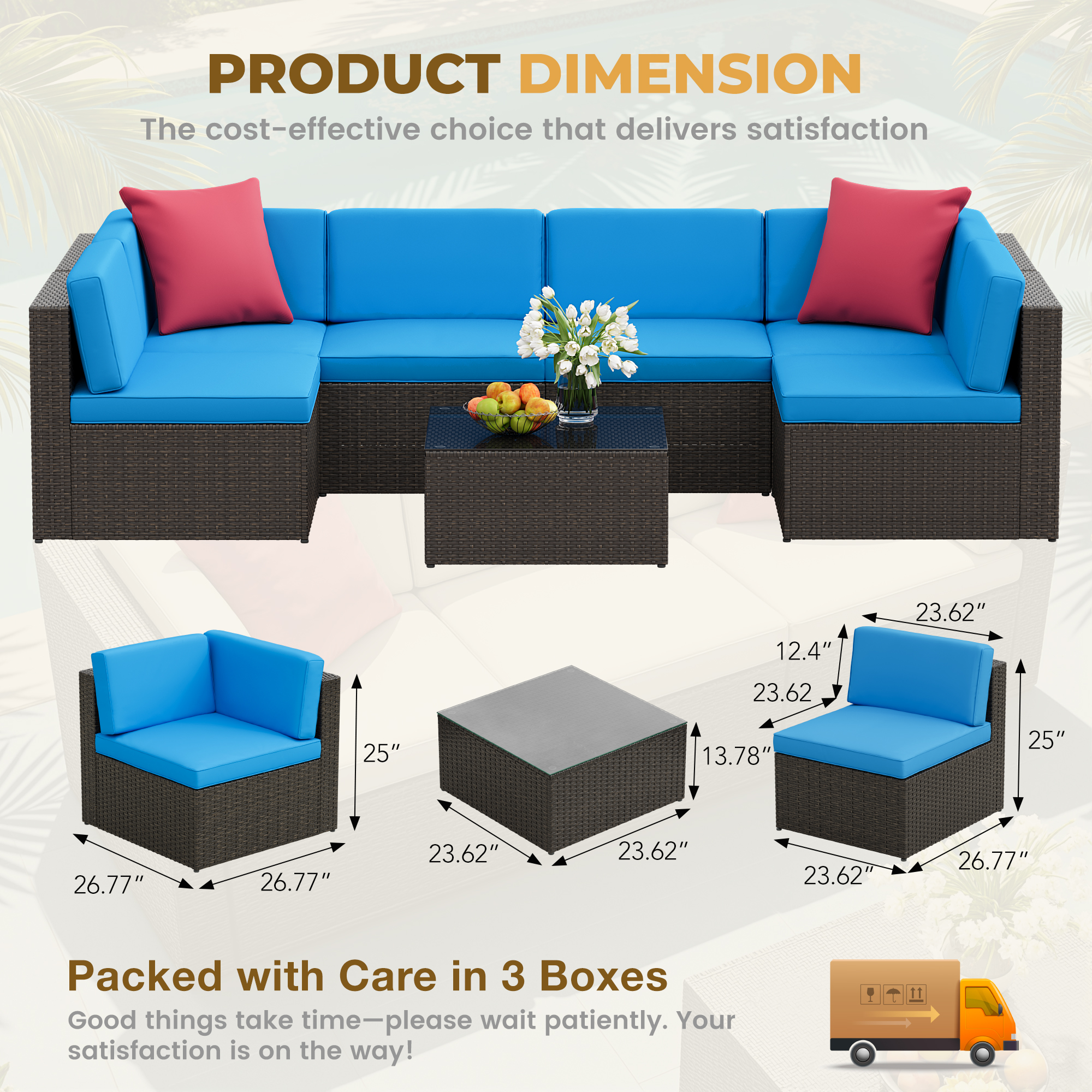 Lacoo 7 PCS Patio Outdoor Furniture Wicker Sectional Sofa with Cushion, Blue