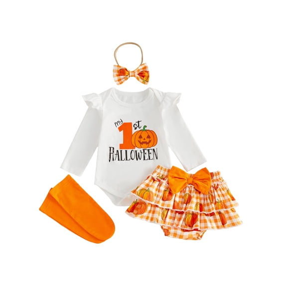 RUINIXCW Newborn Baby Girl My First Halloween Outfit Infant Baby Girls Fall Clothes Flying Sleeve Letter Pumpkin Ghost Print Romper Tiered Skirt Skort Headband Socks 4pcs Sets