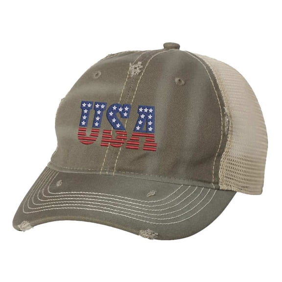 USA Distressed Trucker Hat - Embroidered Flag Colors - Vintage Patriotic Strapback Cap (Olive)