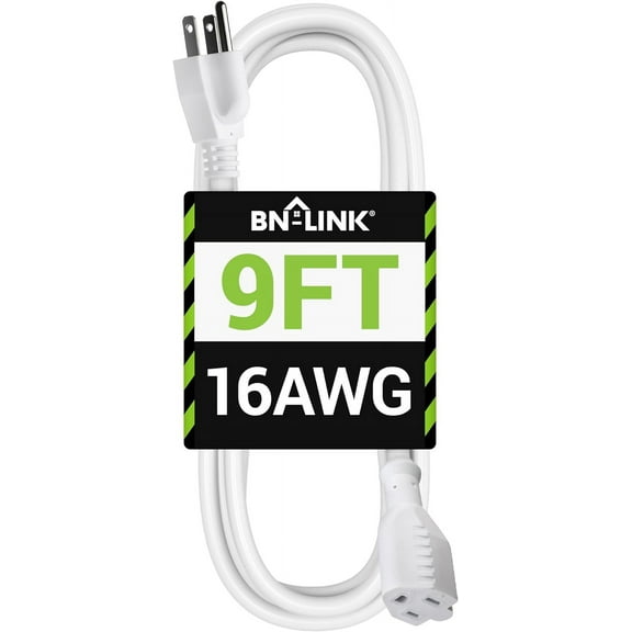 BN-LINK 9ft Outdoor Extension Cord, 3-Prong, 16 Gauge General Purpose Power Cord, Grounded Plug, White, for Landscaping & Holiday Decorations, Home & Office, 13A ETL