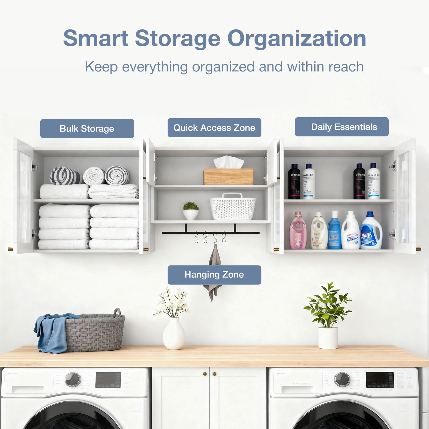 Advwin Wall Mounted Laundry Room Cabinet with Fluted Glass Doors, Hanging Rod, Hooks & Adjustable Shelves, Floating Storage Cabinet for Kitchen, Bathroom or Pantry Organization
