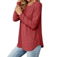 thumbnail image 3 of Hibeli Women Round Neck Long Sleeve Side Buttons Curved Hem Solid Color Top, 3 of 7